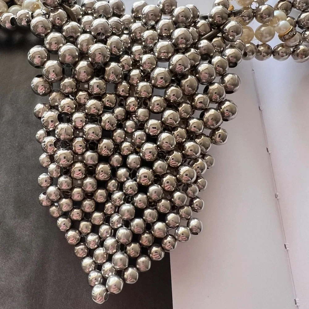 Silver and Gold Beaded Bib Necklace with Textured Pendants - Picture 7 of 10